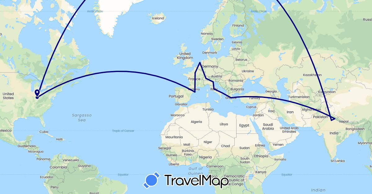 TravelMap itinerary: driving in Switzerland, Spain, France, Greece, India, Italy, Netherlands, United States (Asia, Europe, North America)